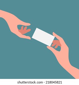 Hand giving empty business card. Vector Illustration.