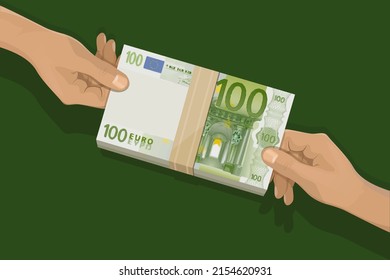 A hand giving euro banknote to another hand. Pay for something. Give, receive, take, earn cash. Financial success, salary, investment, dividend. Pay, exchange money