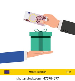 Hand giving Euro banknote and present gift instead. Shopping design over white background, vector illustration.