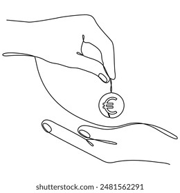 Hand giving euro coin continuous line drawn. Pay symbol. Charity donation concept. Vector illustration isolated on white.