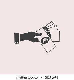Hand giving euro web icon. Isolated illustration