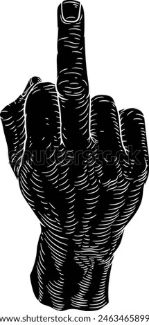 A Hand Giving the Finger Bird Gesture Woodcut in a vintage retro woodcut style

