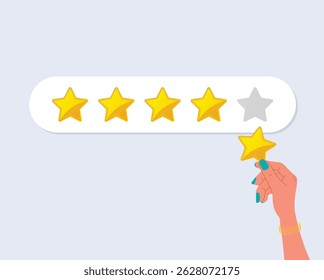 Hand giving five star rating feedback with one star unfilled. The background is white, emphasizing the rating concept.
