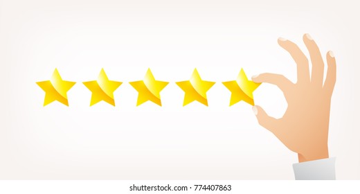 Hand giving five star rating. Vector illustration flat