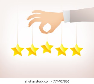 Hand giving five star rating. Vector illustration flat