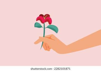 
Hand Giving a Flower out of Politeness Vector Cartoon ilustración. Persona que ofrece un regalo respetuoso de aprecio
