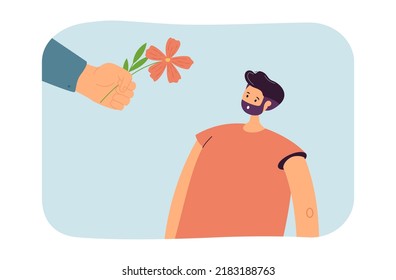 Hand giving flower to surprised cartoon man. Person giving gift to dad flat vector illustration. Celebration, holiday, Fathers day concept for banner, website design or landing web page