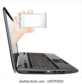 A hand giving a food bag from a laptop as an online concept.