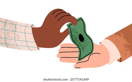 Hand giving, getting money. Holding cash, dollar bill for payment. Paying with paper banknote. Bribe, corruption, financial business concept. Flat vector illustration isolated on white background