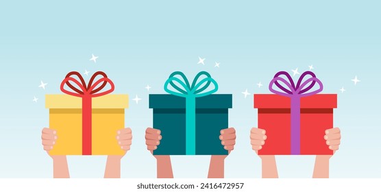 Hand giving gift box cartoon vector illustration. Hand holding surprise box concept.