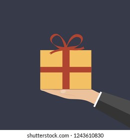 Hand giving a gift box. Gifting and receiving gift concept. Merry Christmas. Vector isolated illustration