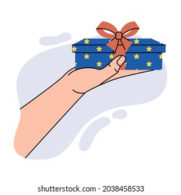 Hand giving a gift box isolated on white background. Vector illustration