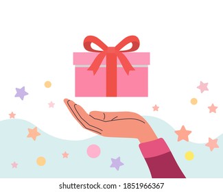 Hand giving gift box vector cartoon illustration. Gifting times like proposal christmas xmas.