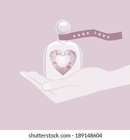 Hand giving the gift of a heart shape under a glass dome cupped in the palm of the hand as a symbol of pure love tied with a ribbon banner with the text - Pure Love - in dainty pastel shades