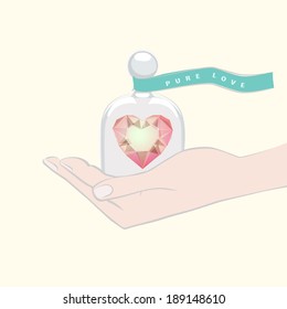 Hand giving the gift of a heart shape under a glass dome cupped in the palm of the hand as a symbol of pure love tied with a ribbon banner with the text - Pure Love