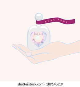 Hand giving the gift of a heart shape under a glass dome cupped in the palm of the hand as a symbol of pure love tied with a ribbon banner with the text - Pure Love