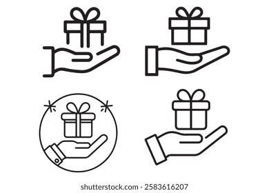 Hand Giving a Gift Icon Set, Set of gift box icons, such as present, discount, package, price tag