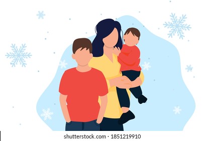 Hand giving gift to mother with child. Merry christmas holiday family surprise. Character shopping day. Hand holding gift box. Family with christmas present. Vector illustration.