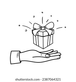 Hand giving gift vector icon in doodle style. Symbol in simple design. Cartoon object hand drawn isolated on white background.