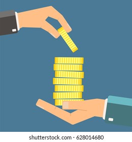 Hand giving gold coin to another hand. Need for money concept. Vector illustration.