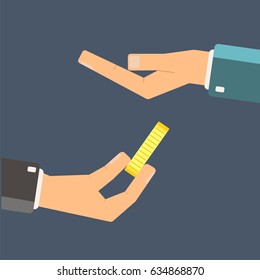 Hand giving gold coin to another hand. Need for money concept. Vector illustration.