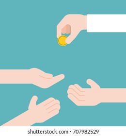 hand giving gold coin and another three hands receive, donation and charity concept, flat design vector