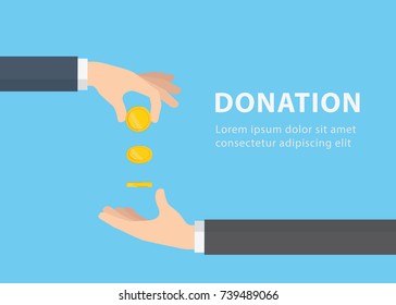 Hand giving gold coin to another hand. Businessman gives a gold coin. Receiving money. Donation Concept