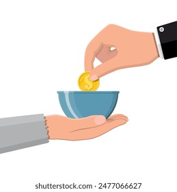 Hand giving gold coin to beggar hand. Charity, donation, help and aid concept. Vector illustration in flat style