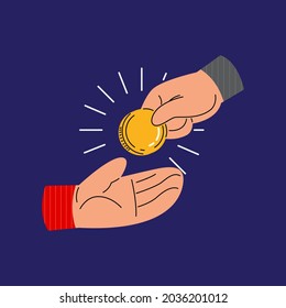 Hand giving gold coin flat vector illustration