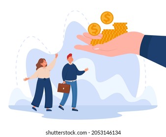 Hand Giving Gold Coins Of Salary To Corporate Office Workers. Happy Tiny Business People Receiving Money Offers Flat Vector Illustration. Incentive For Work, Financial Motivation Of Employees Concept