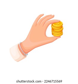 Hand giving gold coins vector illustration. Cartoon fingers of person hold stack of coins with dollar sign to pay with cash money and exchange, buy and save currency, donate and give charity gift