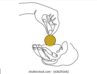 Hand giving golden coin to another hand. Charity concept. Hand holding coin. Flat style.continuous line drawing