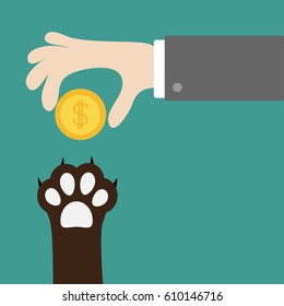 Hand giving golden coin money with dollar sign. Dog cat paw print taking gift. Adopt, donate, help, love pet animal. Helping hand concept. Flat design style. Green background. Vector illustration.