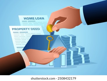 Hand giving a golden key to another hand, set against a backdrop featuring a house, money stack, property deed, and home loan papers. Illustrating concepts of real estate ownership and home loan