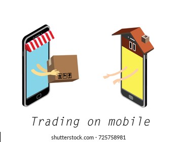 Hand giving goods box to other hand. International mobile marketing mobile on-line. 