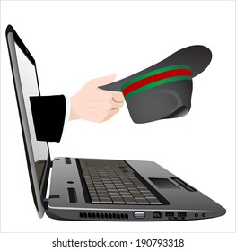 A hand giving hat from a laptop as an online concept. 