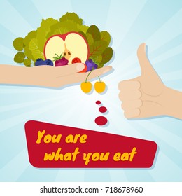 Hand giving healthy eating. Food choice concept. You are what you eat. Vector illustration.