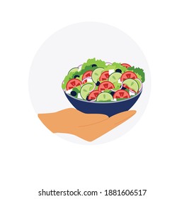 Hand giving healthy salad in a navy bowl with cucumber, lettuce, tomato, cheese and olive in it. Healthy lifestyle concept. Vector illustration in cartoon flat style