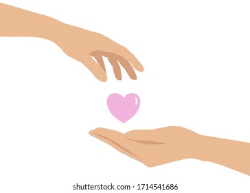 There’s a hand giving a heart to another one’s hand. Concept about love, care, sharing, donation, human kindness.