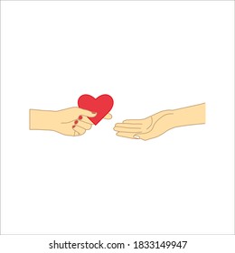 Hand, die einem anderen ein Herz gibt. Konzept über Liebe, Fürsorge, Teilen, Spende, menschliche Freundlichkeit auf weißem Hintergrund. farbeditierbar