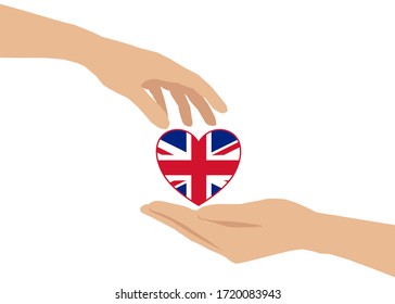 There’s a hand giving a heart to another one’s hand. The heart is contained United Kingdom flag pattern inside. Concept about love, care, sharing, donation, human kindness and etc.