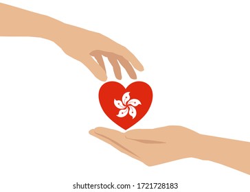 There’s a hand giving a heart to another one’s hand. The heart is contained the Hongkong flag inside. Concept about care, sharing 