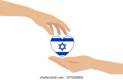 There’s a hand giving a heart to another one’s hand. The heart is contained ISRAEL flag pattern inside. Concept about love, care, sharing, donation, human kindness and etc. - Shutterstock ID 1975203002