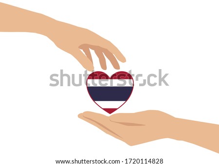 There’s a hand giving a heart to another one’s hand. The heart is contained Thai flag pattern inside. Concept about love, care, sharing, donation, human kindness and etc.