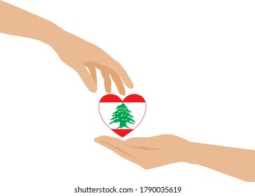 There’s a hand giving a heart to another one’s hand. There’s LEBANON flag inside the heart. Concept about love, care, sharing, donation and etc.