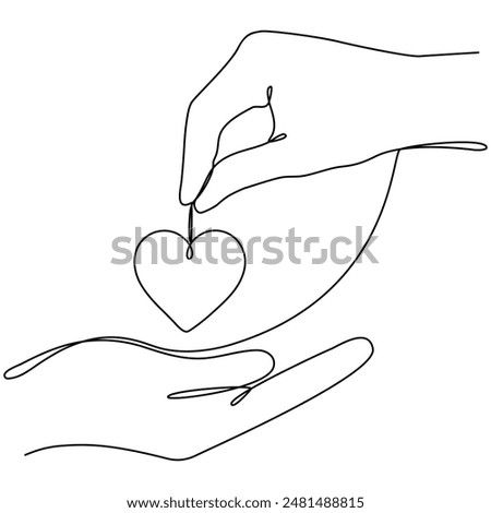 Hand giving heart continuous one line drawing. Love concept. Charity symbol. Vector illustration isolated on white background.