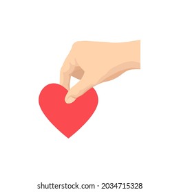 Hand giving a heart, symbol of peace, help, cooperation or charity and volunteering. Flat design vector illustration isolated on white background.