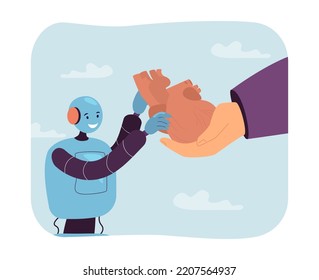 Hand giving heart to tiny robot for medical checkup or operation. Person holding human organ flat vector illustration. Cardiology, AI diagnostics concept for banner, website design or landing web page