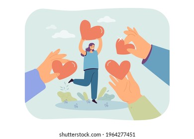 Mano dando corazones a la mujer feliz aislada ilustración plana vectorial. La metáfora de la caricatura de la generosidad como apoyo a la donación y compartir el amor. Concepto de proyecto de caridad, fundación de asistencia y solidaridad