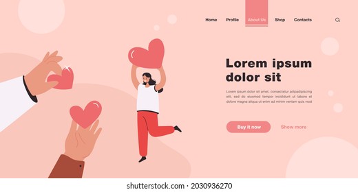 Hand giving hearts to happy woman isolated flat vector illustration. Cartoon metaphor of generosity as donation support and sharing love. Charity project, assistance and solidarity foundation concept